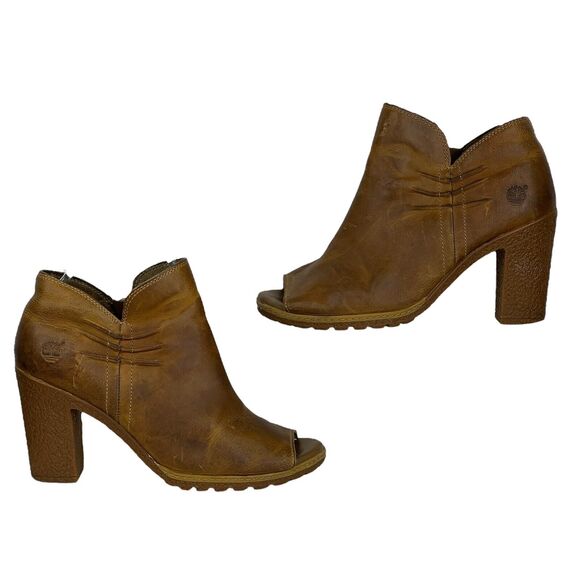 Timberland Peep Toe Leather Boots Women's SZ 7.5 Heeled Booties Glance Brown Zip - Picture 3 of 7